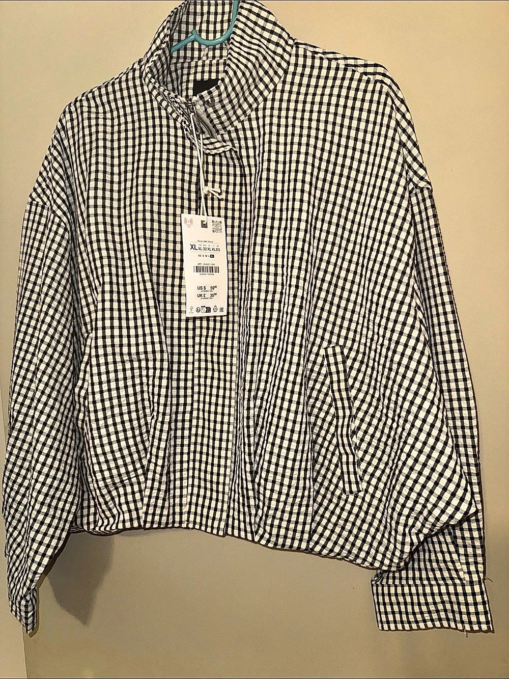 Zara Gingham Bomber Jacket in Black & White